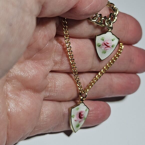 Vintage Emmons Gold Tone Guilloche Enamel Shield Charm Necklace & Bracelet Set - Picture 4 of 15